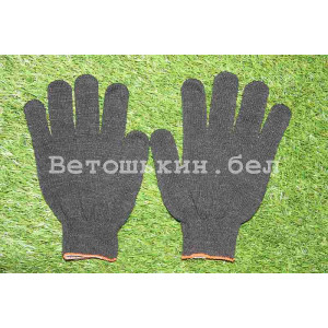 изображение рабочих перчаток 4 нити 10 класса вязки с нанесением ПВХ точки черного цвета обратная сторона перчатки
