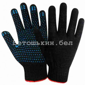 изображение рабочих перчаток 4 нити 10 класса вязки с нанесением ПВХ точки черного цвета